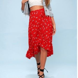LULUs BILLABONG red floral midi wrap skirt size S